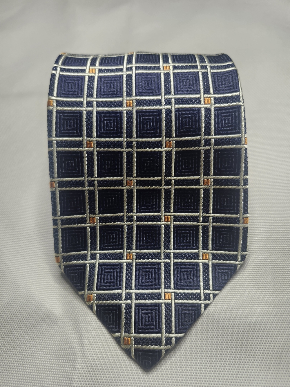 Ermenegildo Zegna Navy Tie with Silver Grid and Gold Accents-W: 3-3/4", L:60"